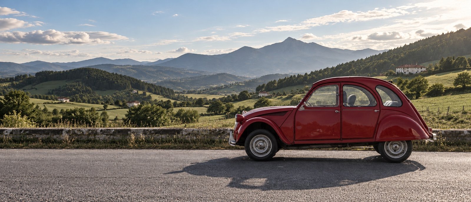 Citroën 2CV ante un paisaje de montañas